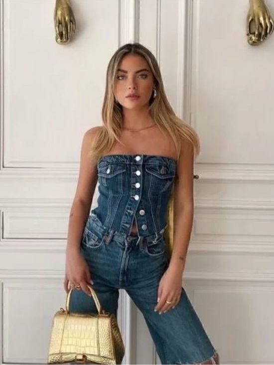 Zara Tops - Zara Denim Distressed Corset Tube Top